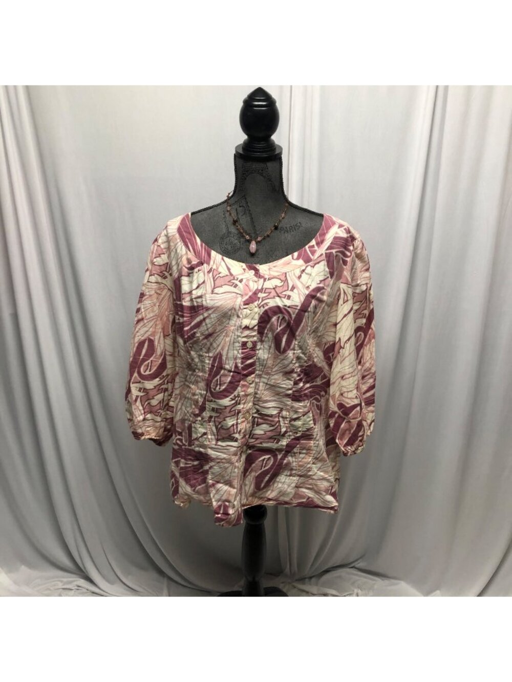 ANA Top Womens Size 1X Button Front Pink Cream Lightweight Cotton Balloon Sleeve